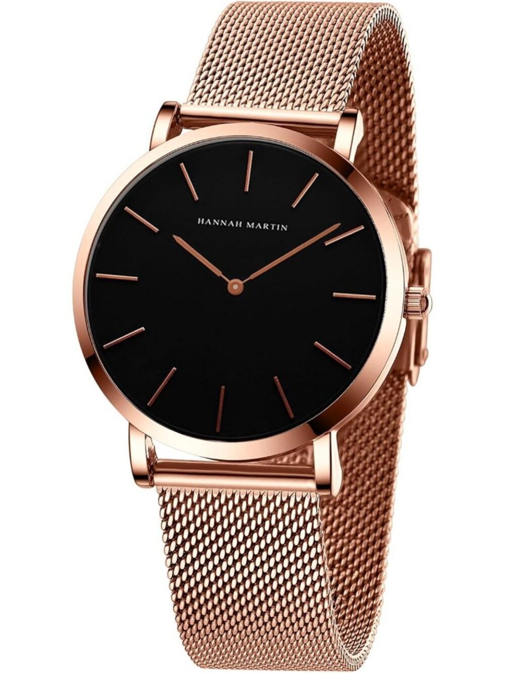 Women's Rose Gold Black Stainless Steel Mesh Strap Minimalist Slim Dial Watch